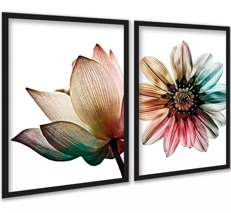 Kit 2 Quadros Decorativos Floral Colorido Arco Iris