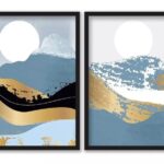 Kit 2 Quadros Decorativos Montanhas Azul Com Dourado