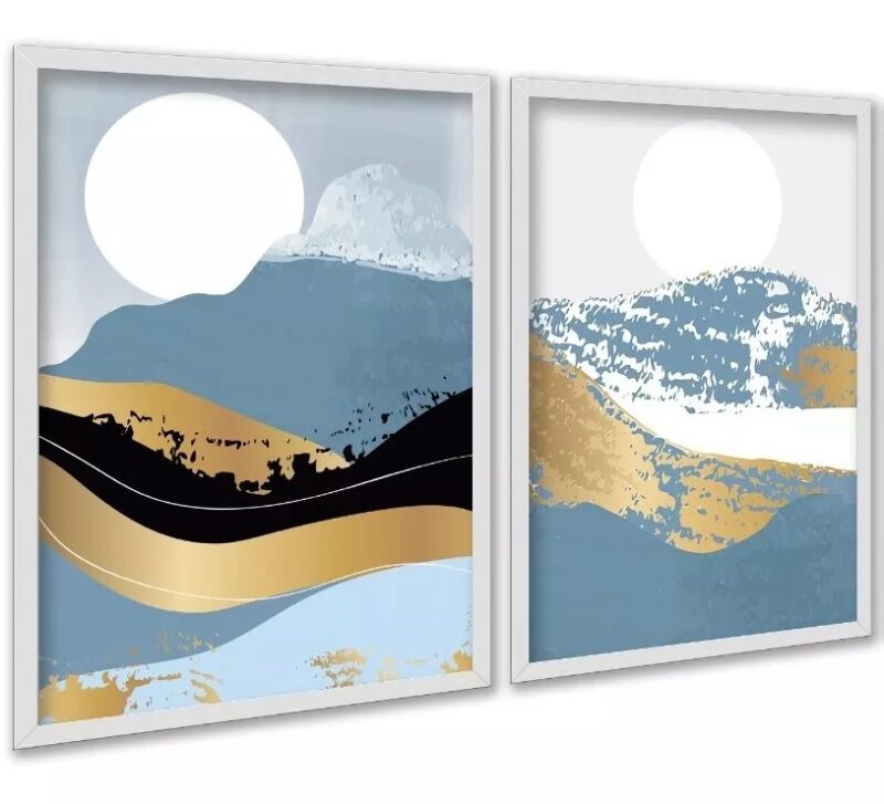 Kit 2 Quadros Decorativos Montanhas Azul Com Dourado
