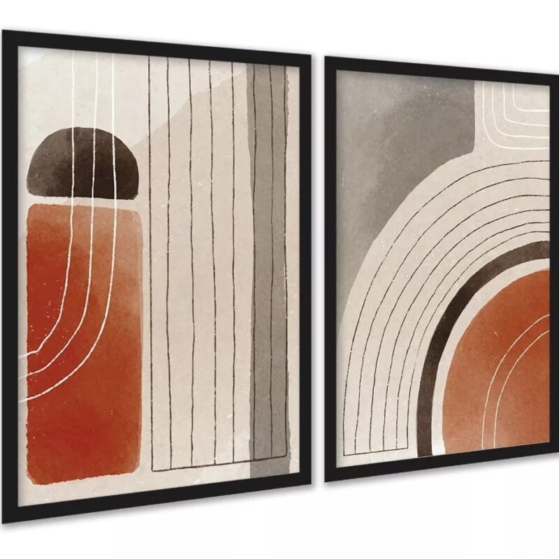 Kit 2 Quadros Elegantes Abstratos Linhas Bege Terracota