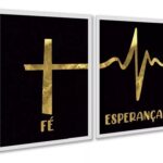 Kit 2 Quadros Fé Esperança - Preto Com Dourado