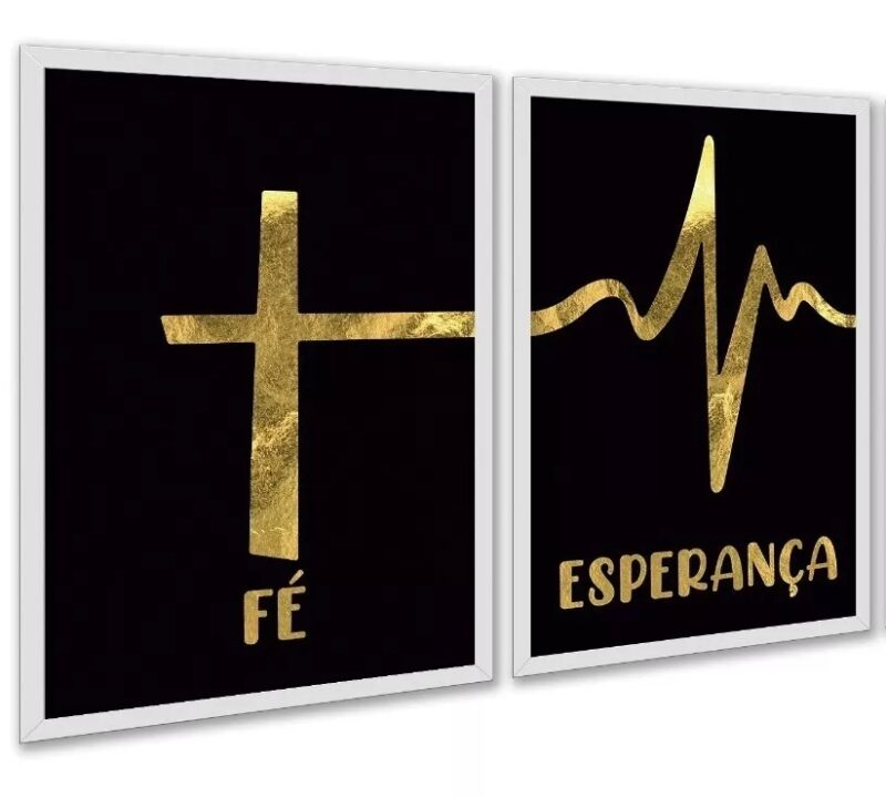 Kit 2 Quadros Fé Esperança - Preto Com Dourado