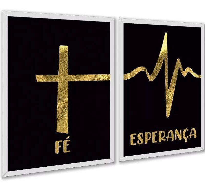 Kit 2 Quadros Fé Esperança - Preto Com Dourado
