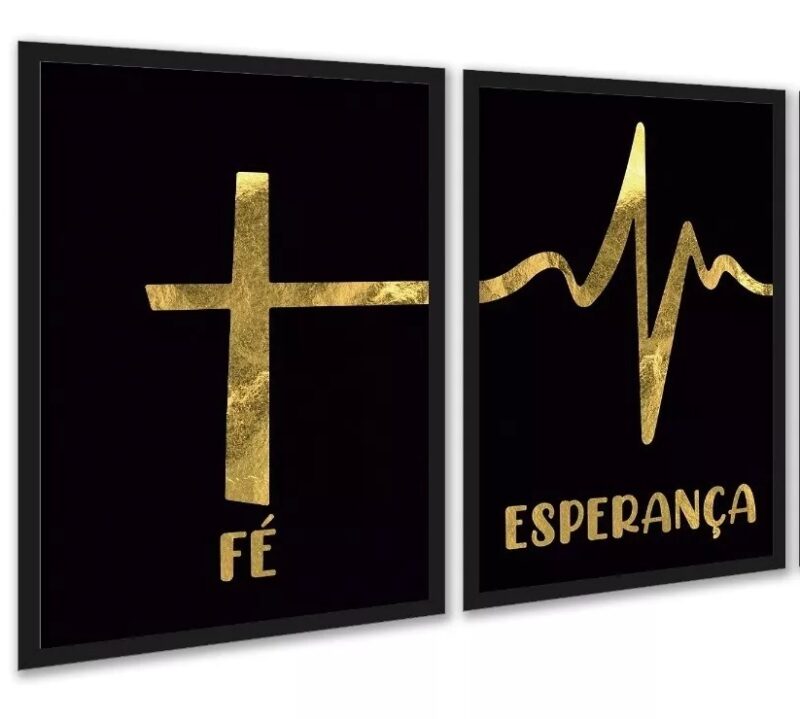 Kit 2 Quadros Fé Esperança - Preto Com Dourado