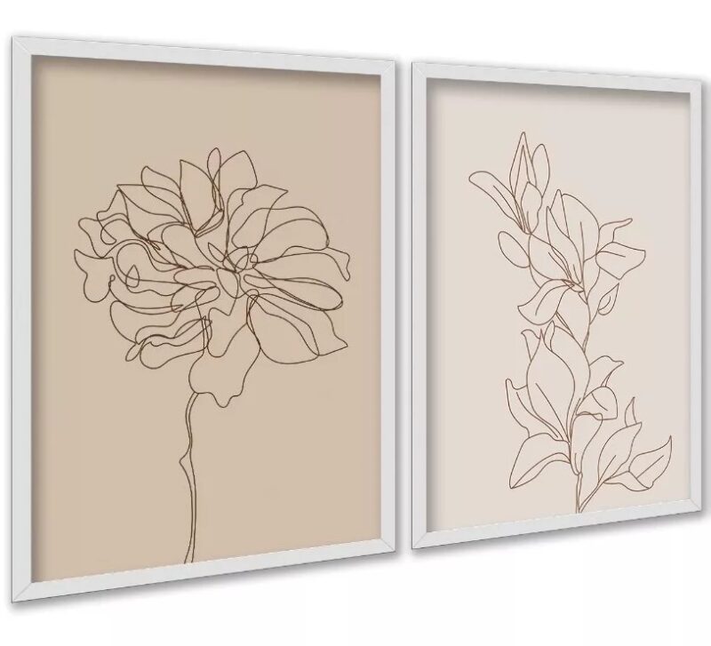 Kit 2 Quadros Flores Linhas Suaves - Bege
