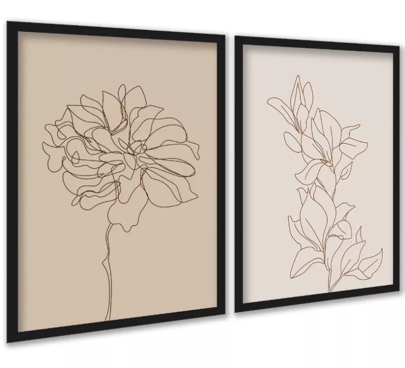 Kit 2 Quadros Flores Linhas Suaves - Bege