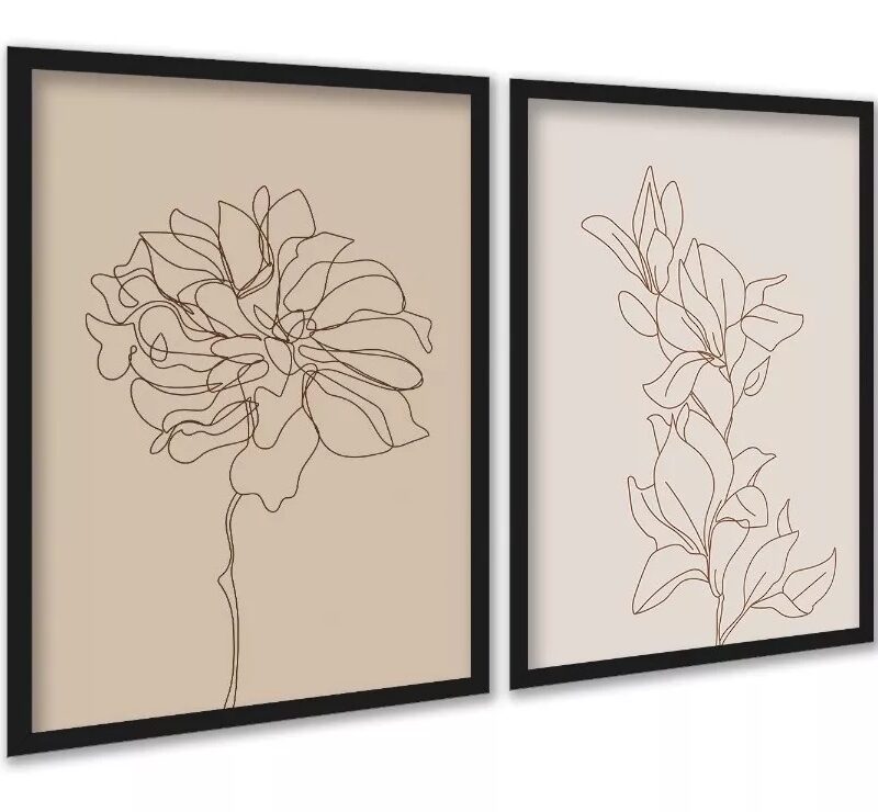 Kit 2 Quadros Flores Linhas Suaves - Bege