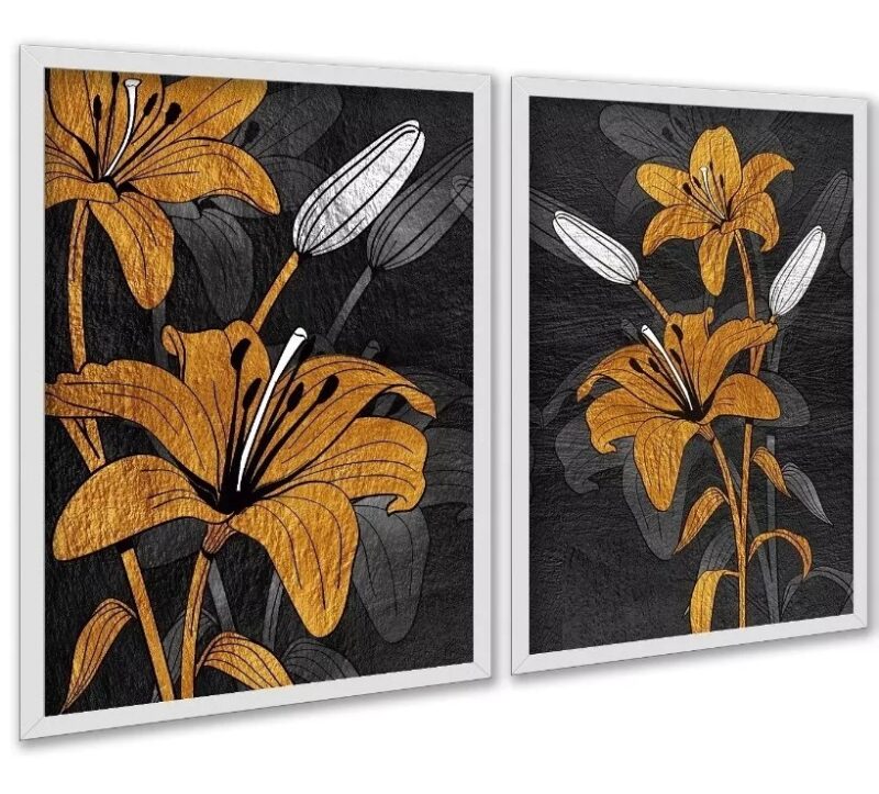Kit 2 Quadros Flores Marrom e Preto - Lírios