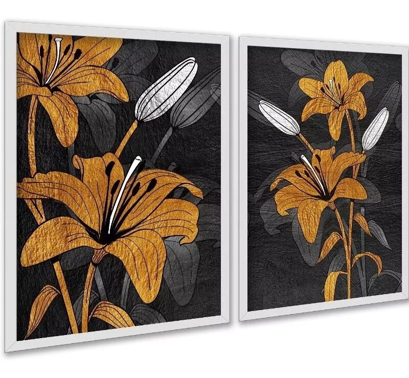 Kit 2 Quadros Flores Marrom e Preto - Lírios