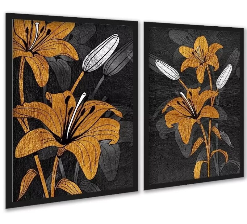 Kit 2 Quadros Flores Marrom e Preto - Lírios