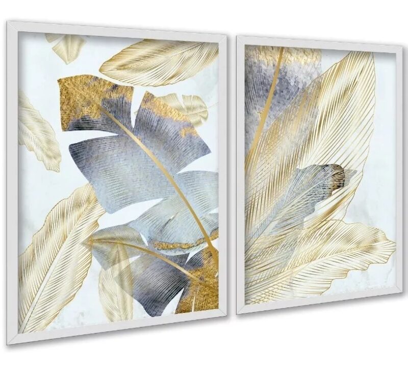 Kit 2 Quadros Folhas Bananeiras Cinza e Dourado