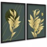 Kit 2 Quadros Folhas Verde Musgo Com Dourado