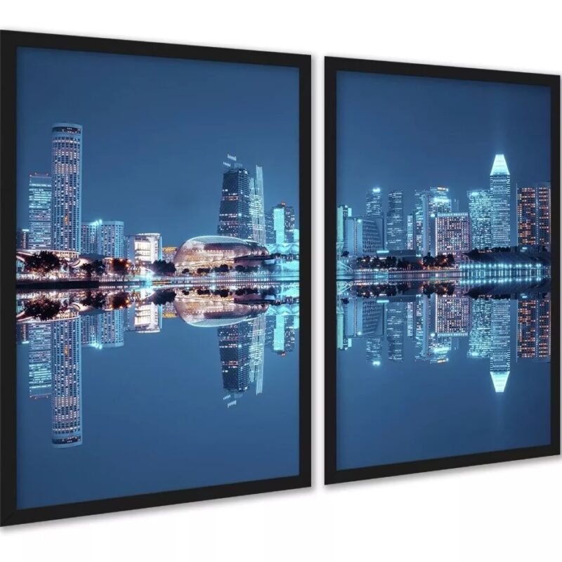 Kit 2 Quadros Foto Cidade - Luzes Reflexo