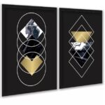 Kit 2 Quadros Geométricos Preto Dourado Mármore