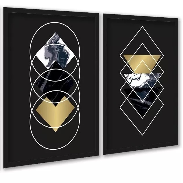 Kit 2 Quadros Geométricos Preto Dourado Mármore