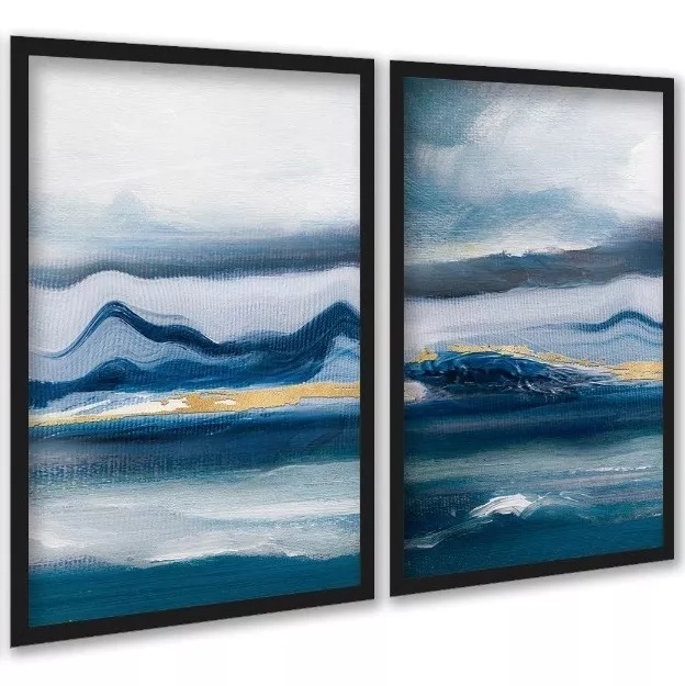 Kit 2 Quadros Paisagem Azul - Efeito Pintura