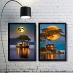 Kit 2 Quadros Paisagens Lua Rio Com Barcos