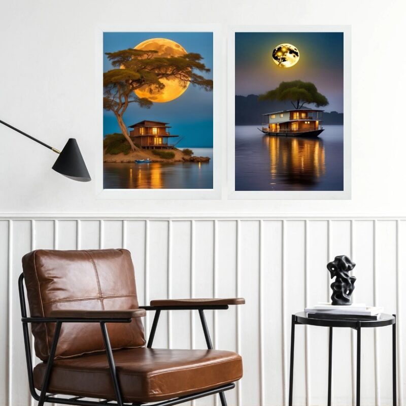 Kit 2 Quadros Paisagens Lua Rio Com Barcos