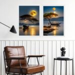 Kit 2 Quadros Paisagens Por Do Sol Rio Com Barcos