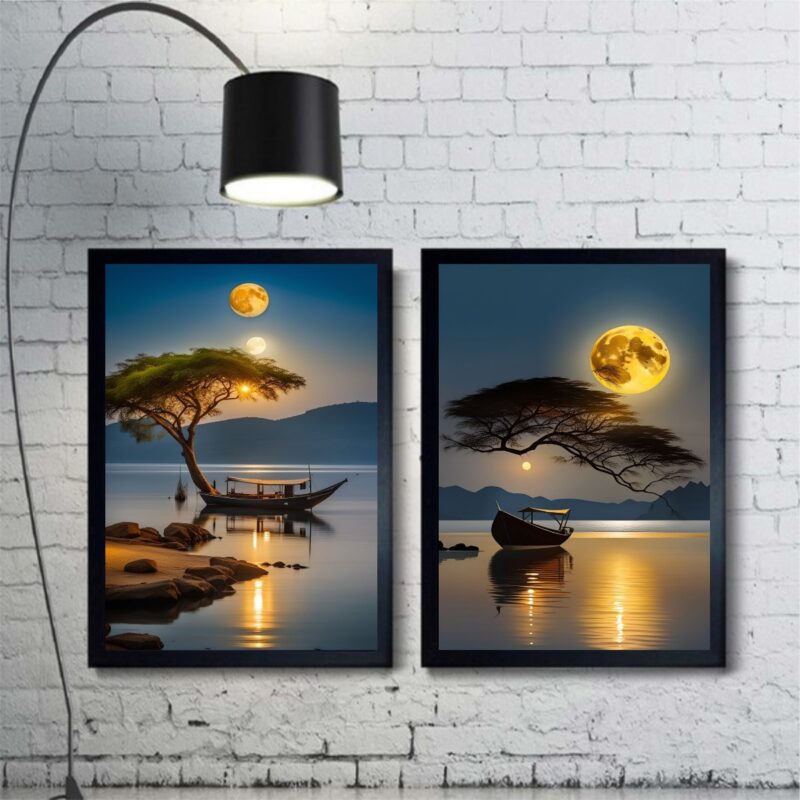 Kit 2 Quadros Paisagens Por Do Sol Rio Com Barcos