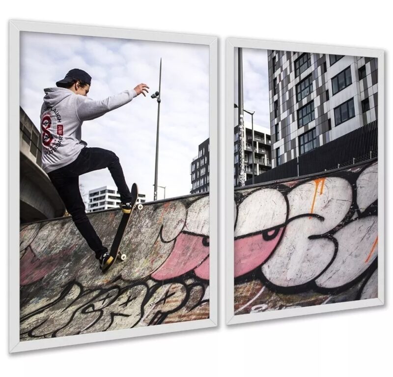 Kit 2 Quadros Skatista Manobra Rampa Grafite