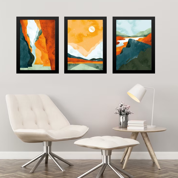 Kit 3 Quadros Abstratos Aquarela Paisagens Coloridas