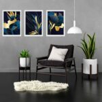 Kit 3 Quadros Abstratos Flores Azul Com Dourado