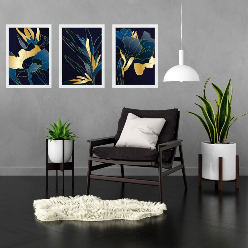 Kit 3 Quadros Abstratos Flores Azul Com Dourado