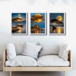 Kit 3 Quadros Artes Paisagens Rio Lua Cheia
