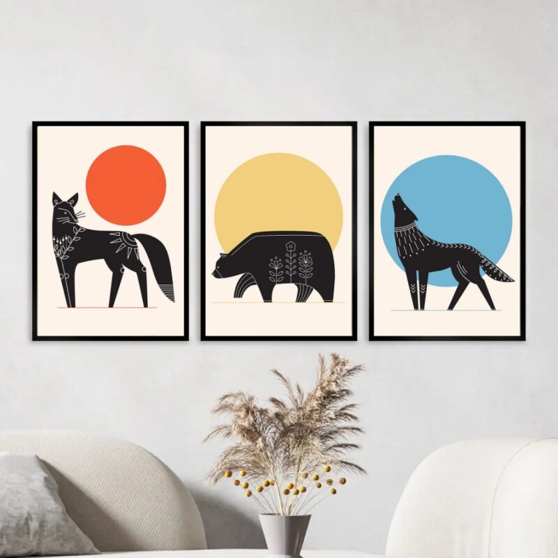 Kit 3 Quadros Decorativos Animais Boho