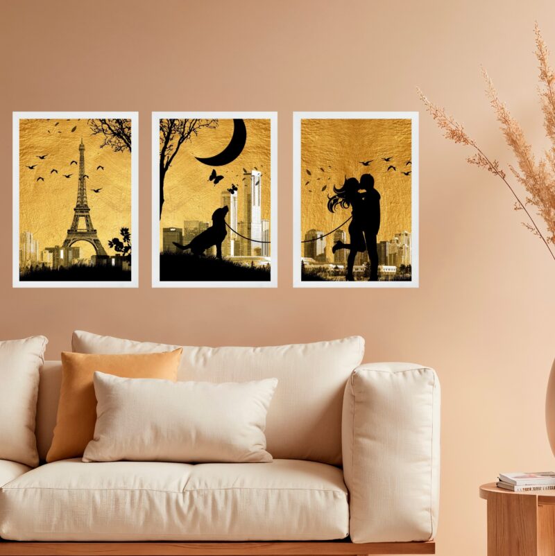 Kit 3 Quadros Decorativos Casal Cachorro Paris