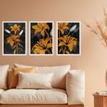 Kit 3 Quadros Decorativos Lírios Marrom e Preto