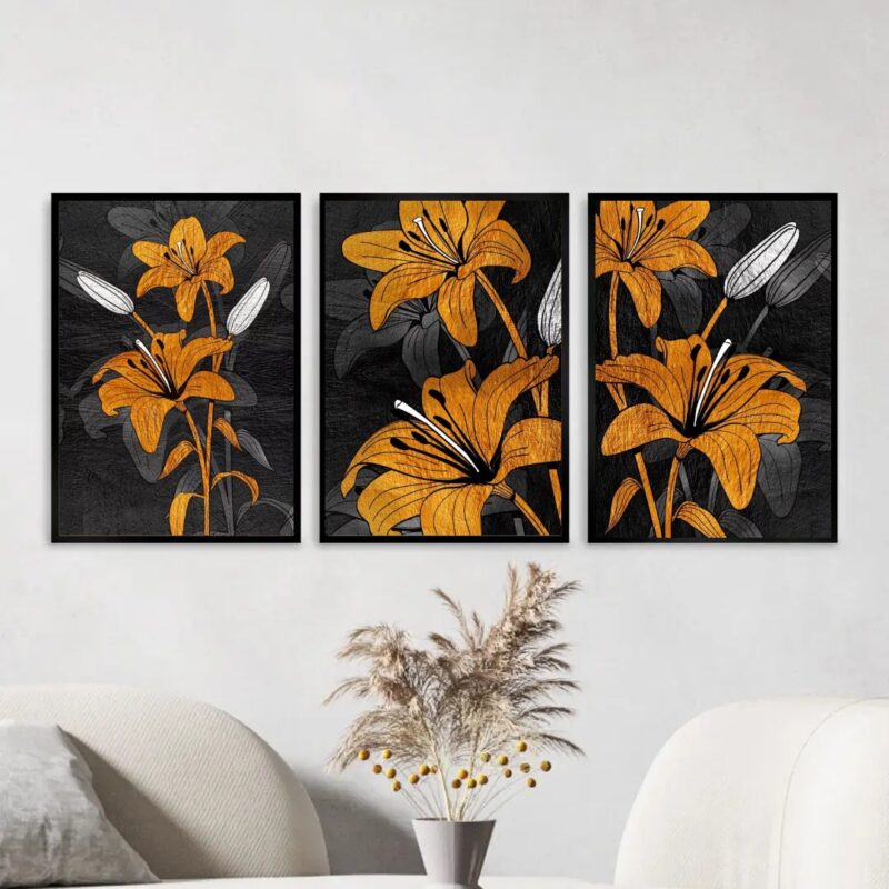 Kit 3 Quadros Decorativos Lírios Marrom e Preto