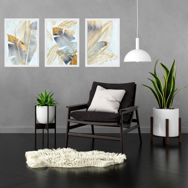 Kit 3 Quadros Folhas Bananeira Prata e Dourado