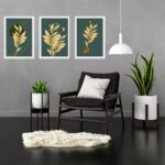 Kit 3 Quadros Folhas Verde Musgo Com Dourado