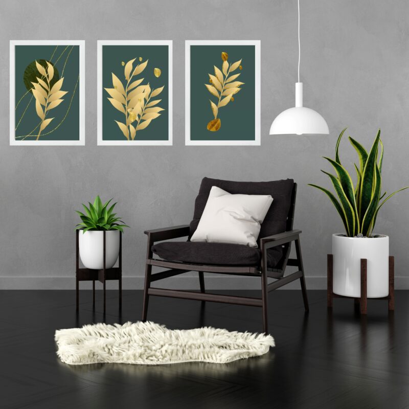 Kit 3 Quadros Folhas Verde Musgo Com Dourado