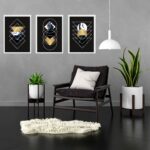 Kit 3 Quadros Geométricos Preto Dourado Mármore