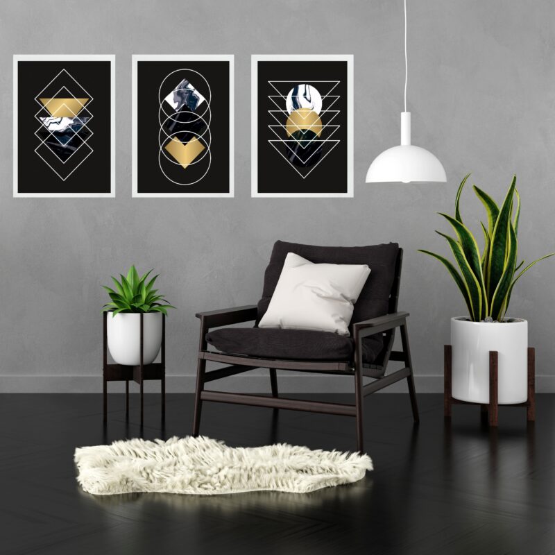 Kit 3 Quadros Geométricos Preto Dourado Mármore