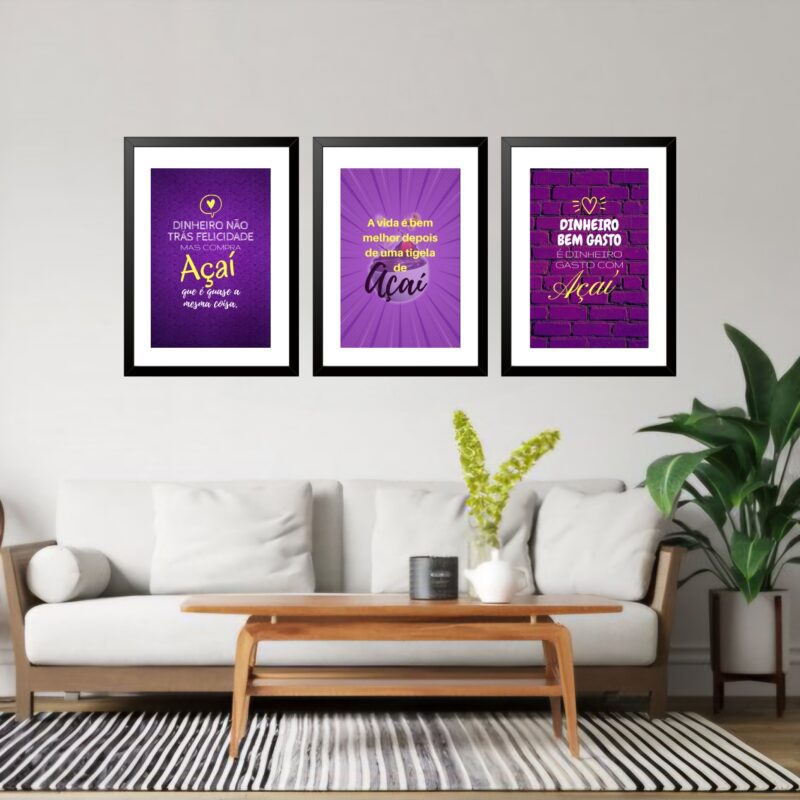 Kit 3 Quadros Grandes Açaí 60x48cm