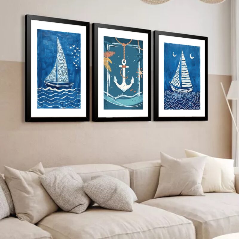 Kit 3 Quadros Grandes Barquinhos 60x48cm