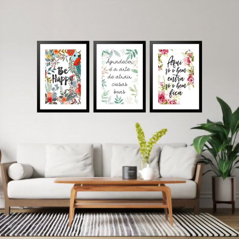 Kit 3 Quadros Grandes Be Happy 60x48cm