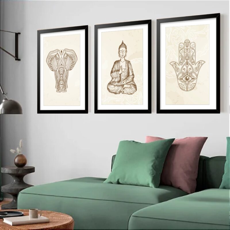 Kit 3 Quadros Grandes Budismo 60x48cm