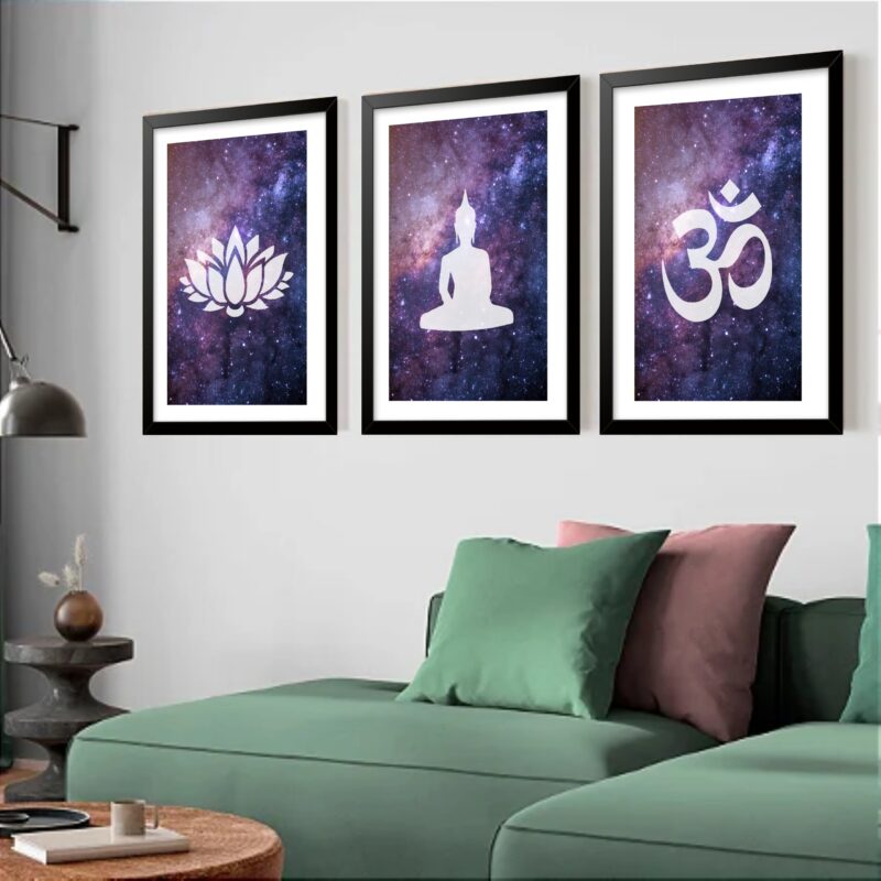 Kit 3 Quadros Grandes Budismo Galaxy 60x48cm