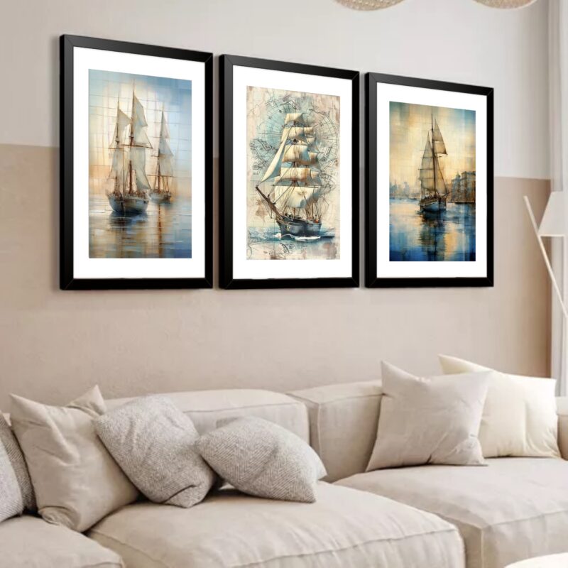 Kit 3 Quadros Grandes Caravelas 60x48cm