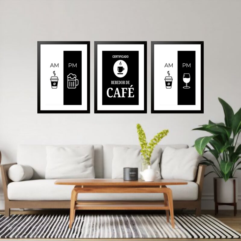 Kit 3 Quadros Grandes Coffee Addicted 60x48cm