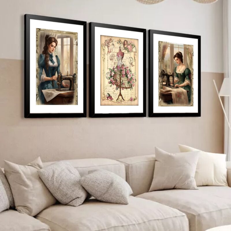 Kit 3 Quadros Grandes Costureira Vintage 60x48cm