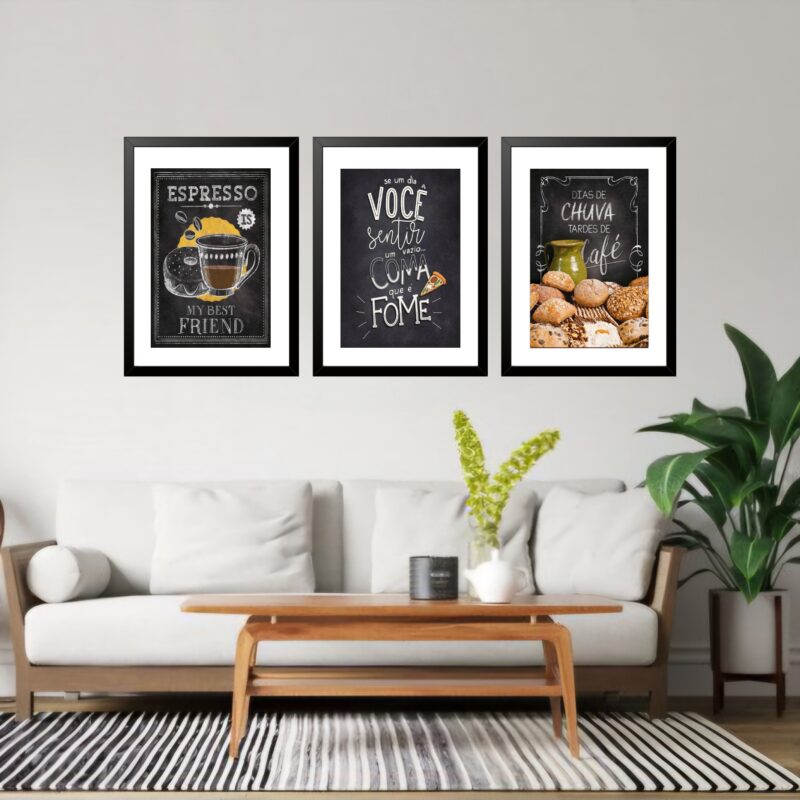 Kit 3 Quadros Grandes Cozinha Café 60x48cm