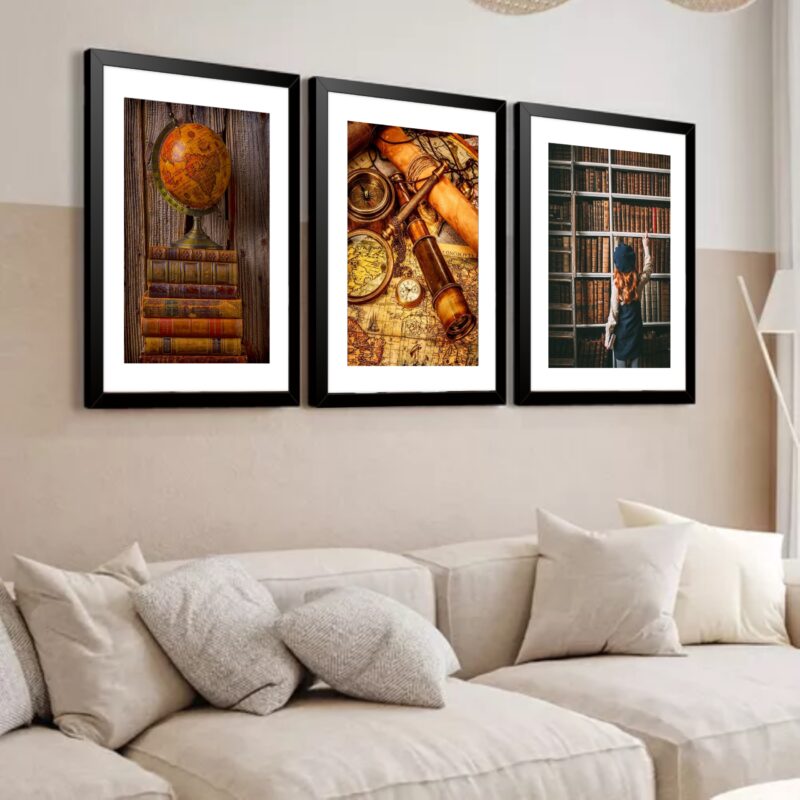 Kit 3 Quadros Grandes Descubra o Mundo 60x48cm
