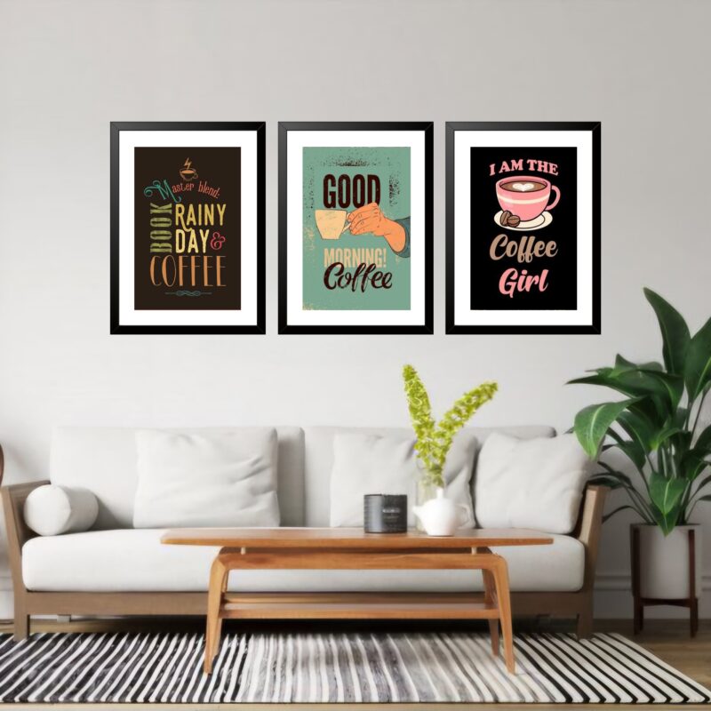 Kit 3 Quadros Grandes Coffee Day 60x48cm