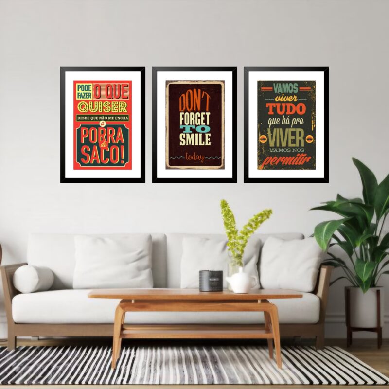 Kit 3 Quadros Grandes Don't Forget to Smile 60x48cm